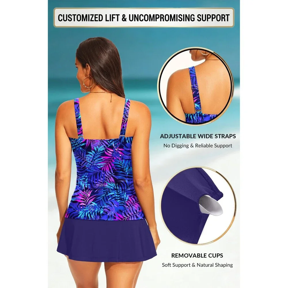 Talisea Women's Blue Purple Two Piece Tankini Bathing Suits Skirt Tummy XXL